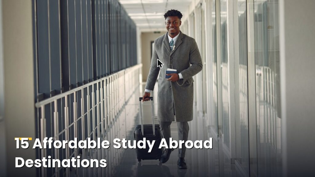 Student with suitcase and backpack walking toward university steps, representing affordable study abroad destinations